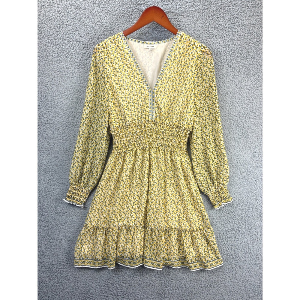 Max Studio Smocked V Neck Tiered Ruffle Dress Womens M Yellow Floral Casual Boho